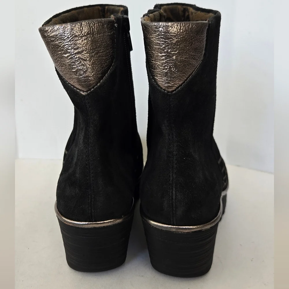 Fly London Yave Black Suede Leather Wedge Chelsea Ankle Boots